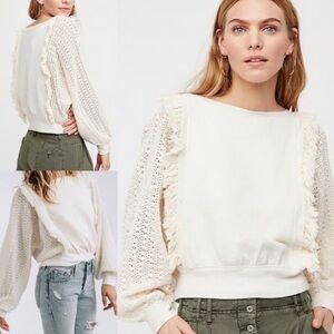 Free People Faff and Fringe 
Cream Knit Sweater with Crochet Sleeves